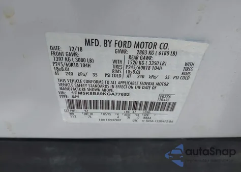 2019 Ford Explorer z USA, uszkodzony, nr VIN 1FM5K8B89KGA77652